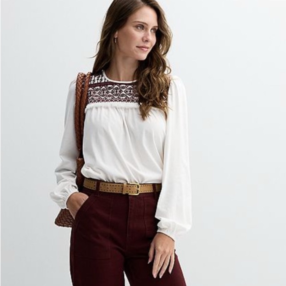 Farmers Market White Blouse with Burgundy Embroidery
